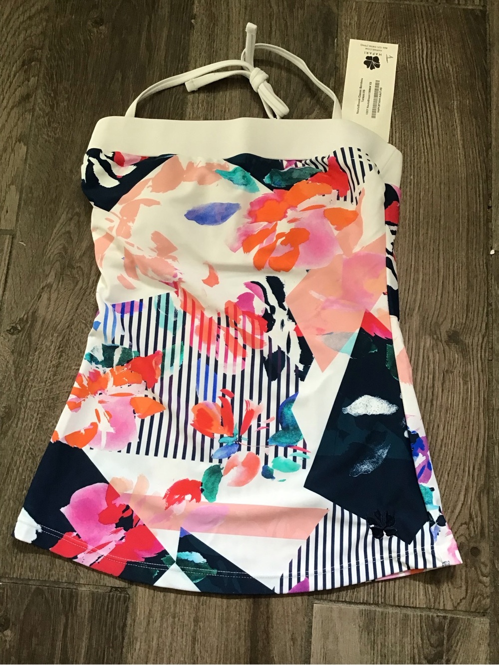 Hapari White Bandeau Tankini with Coral and Blue Floral Accents